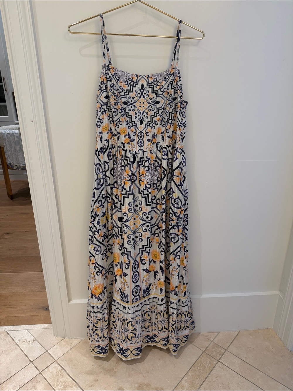 EUC Let Me Be White Maxi Dress with Navy Tile Print and Yellow Floral Accents